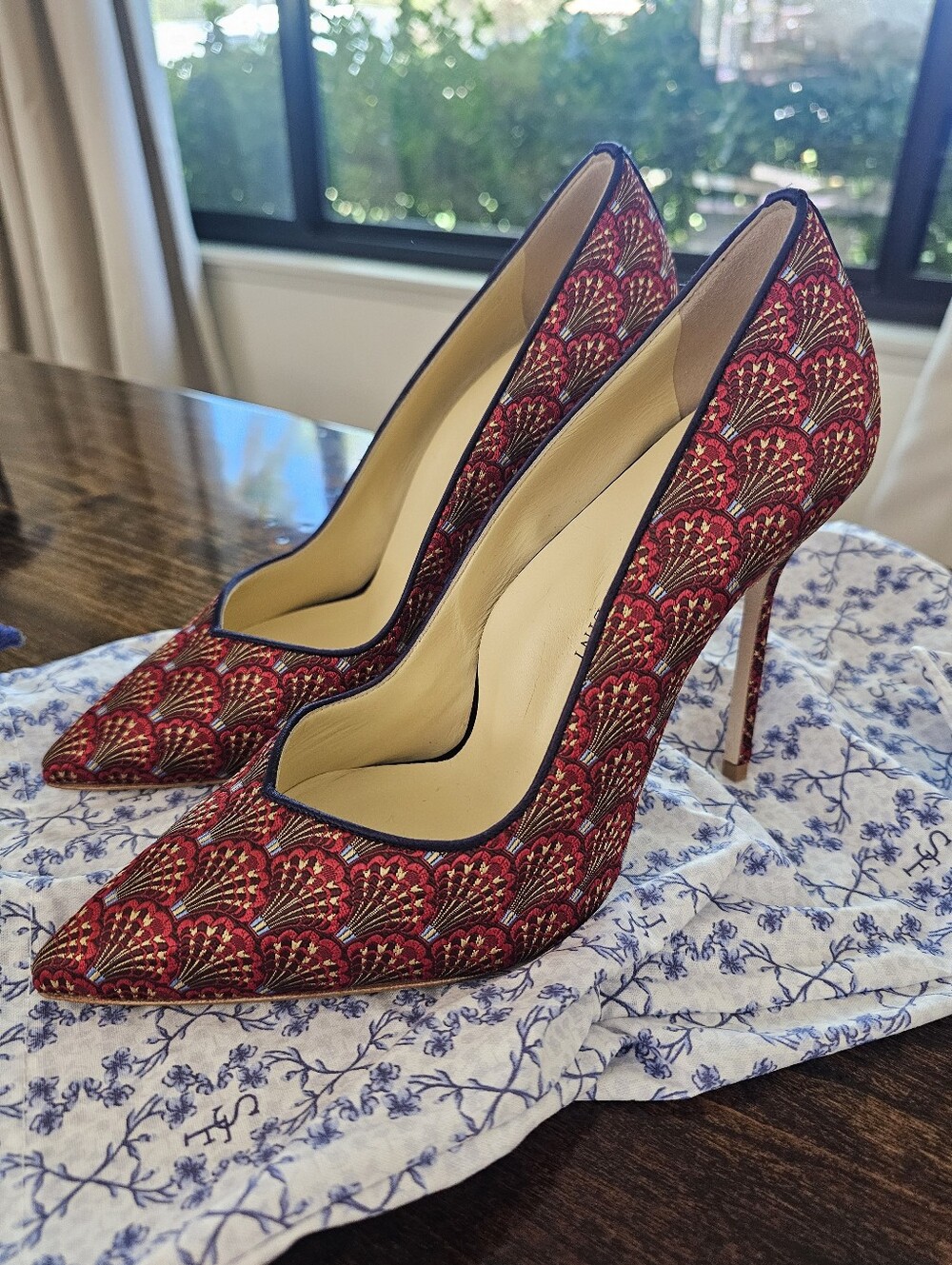 Sarah Flint Perfect Pump 100 Red Vienna Jacquard, Size 39
